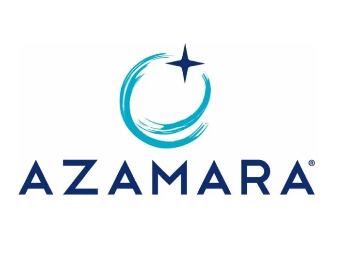 A blue and white logo of azamara cruises travel agency