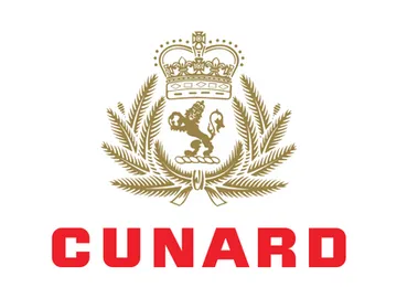 A red and gold logo for cunard travel agency